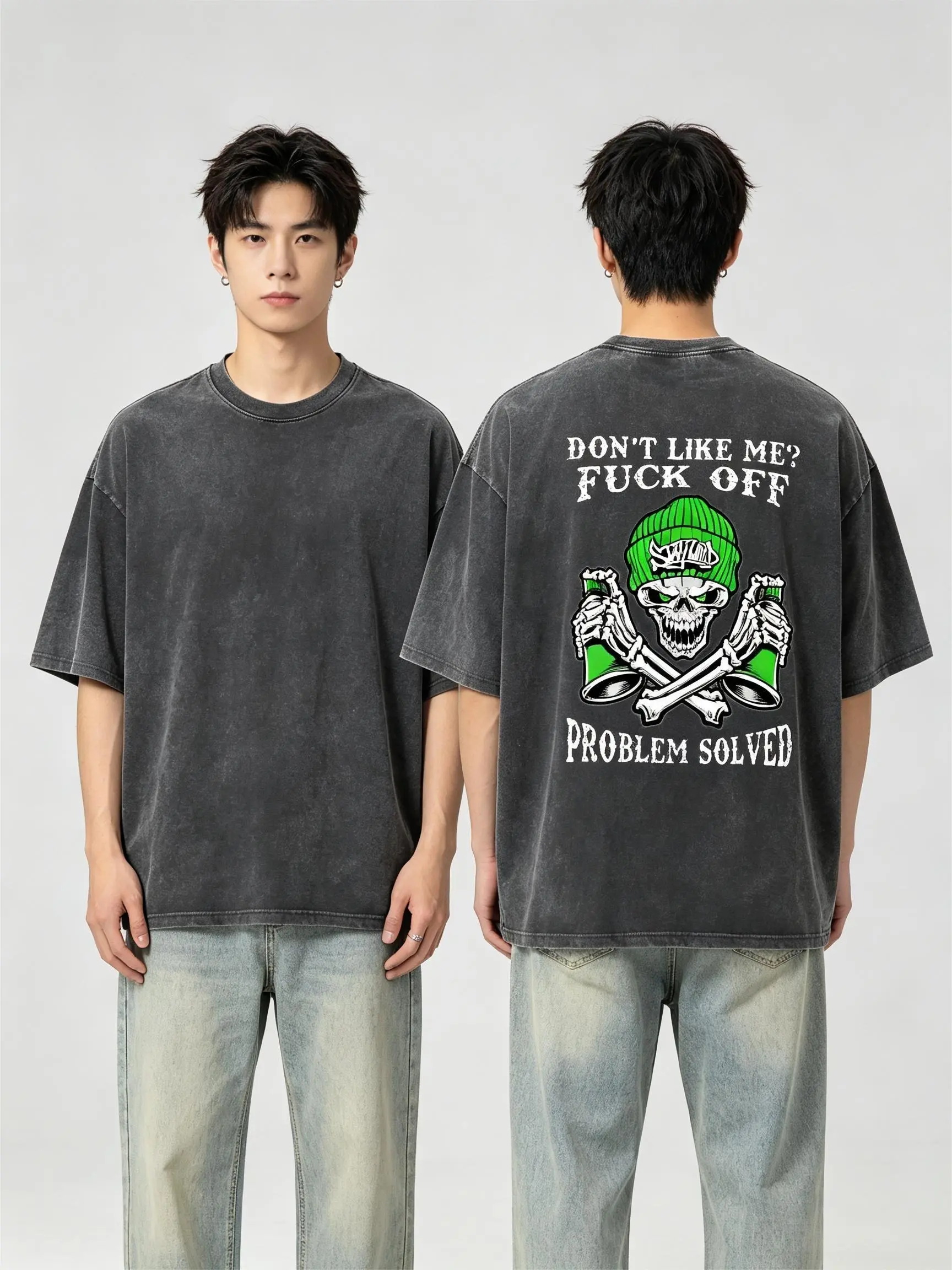Men's Retro Atomic Washed Oversized Casual Fashion Short-Sleeve T-Shirt - Skeleton Print, Tattooed Graffiti Skull Graphic, "DON'T LIKE ME F*CK OFF" Design, Vintage Streetwear Summer Top