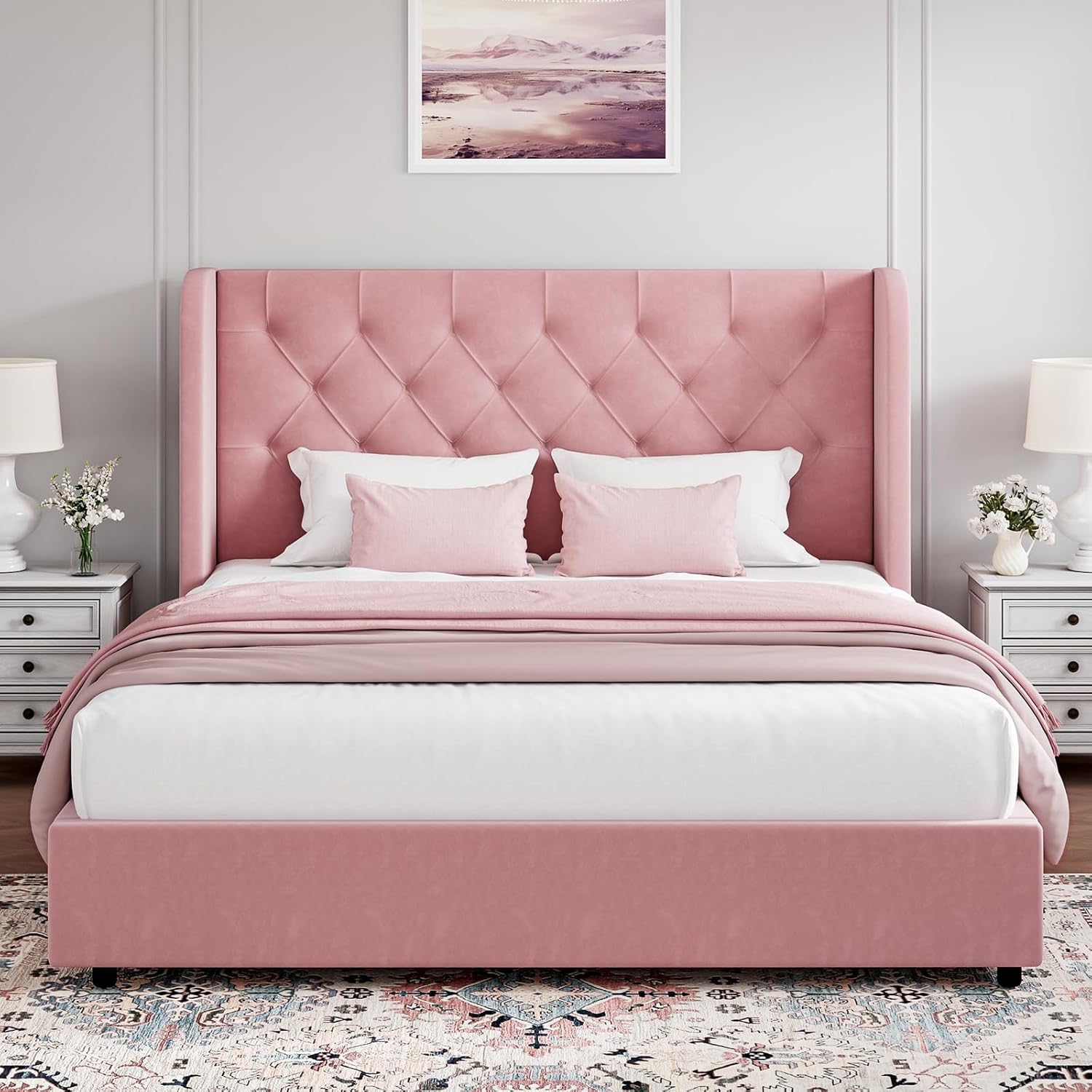 HOMBCK Bed Frame, No mattress, Soft Curved Wings Velvet Headboard, Sturdy Wooden Slats Support, No Box Spring Required, Noise Free, Easy Assembly