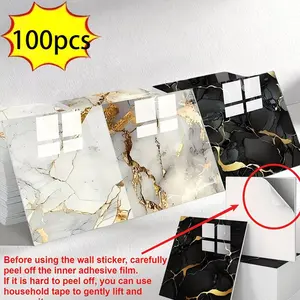 100pcs Self-Adhesive Marble Effect Wall Tiles, Waterproof Oil-Resistant Decorative Home Decor Stickers for Kitchen, Bathroom, Office Use, Marble Pattern Sticker