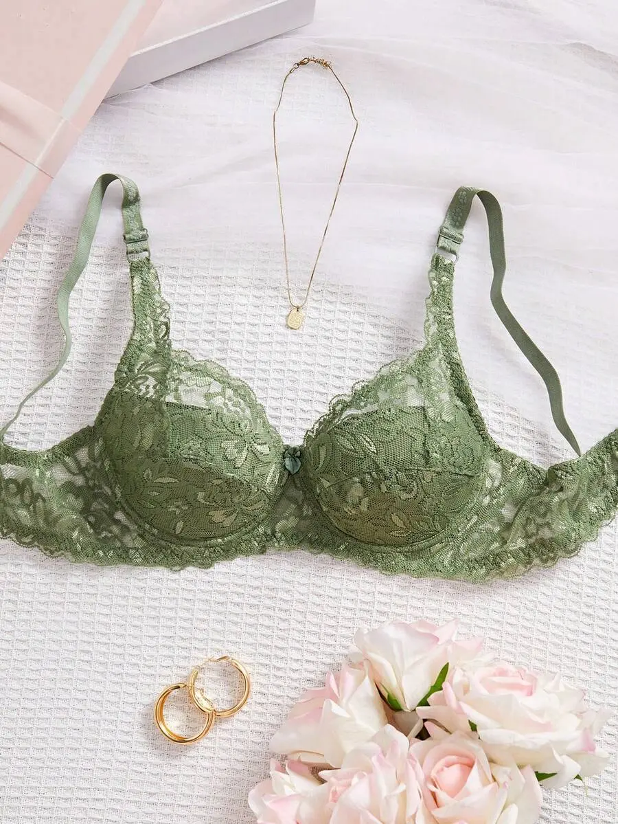 Women's Army Green Lace Push Up Bra Scallop Details Plain Fantasy Style Lingerie