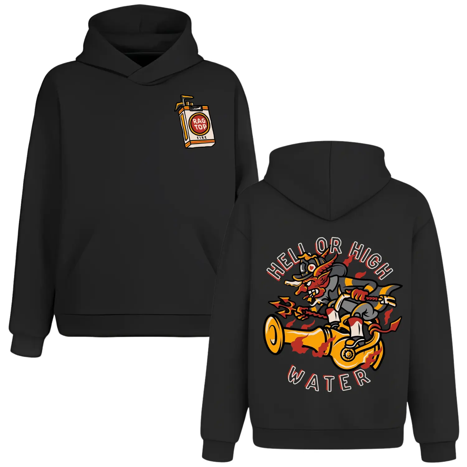 Hell Or High Water Firefighter Demon Hoodie, 2 Sides, Riding Hose Nozzle Badass Fireman Pullover