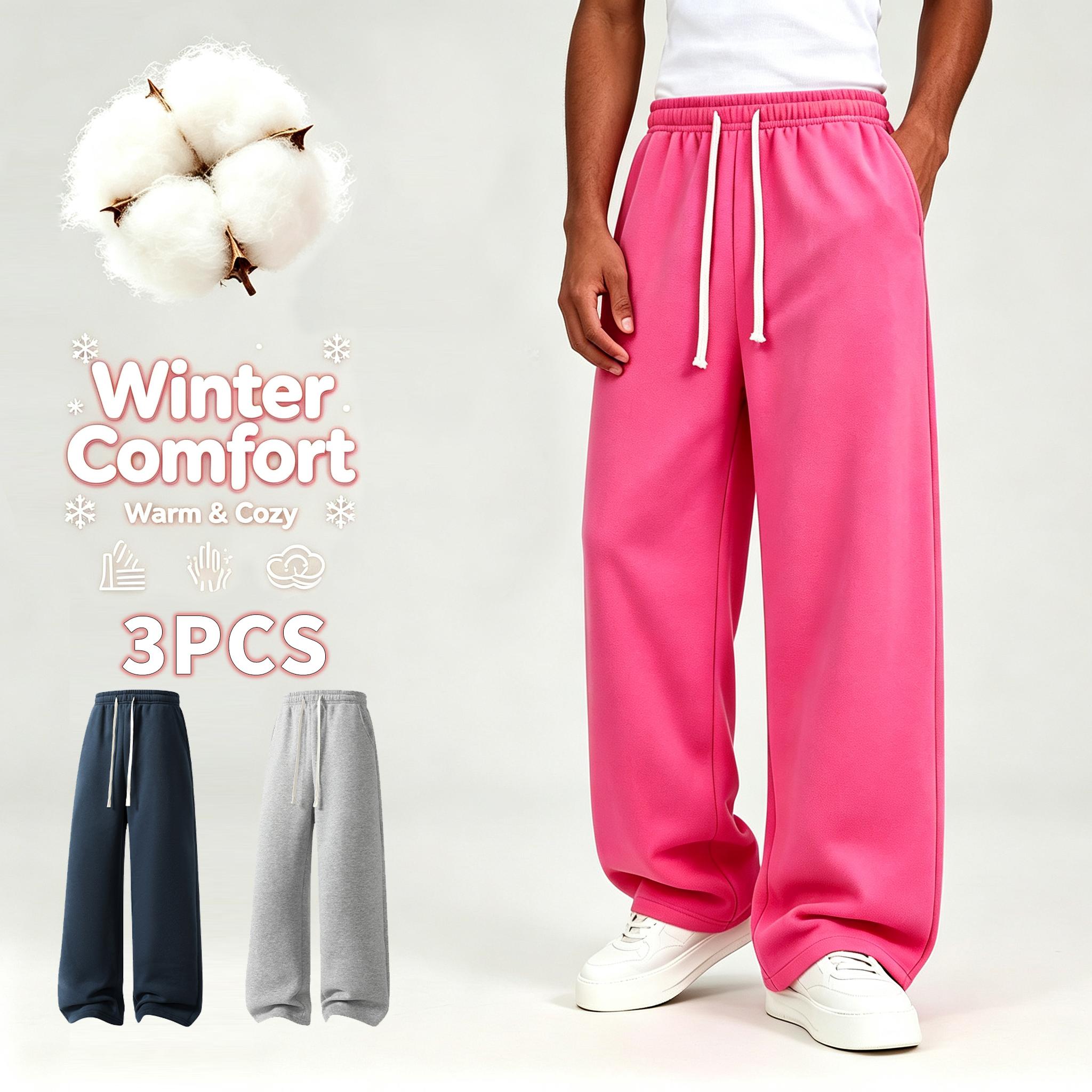 Men's 3-Pack Baggy Wide-Leg Thick Cotton Blend Sweatpants - High Waist with Drawstring, Street Style Bottoms for Winter Loungewear, Activewear