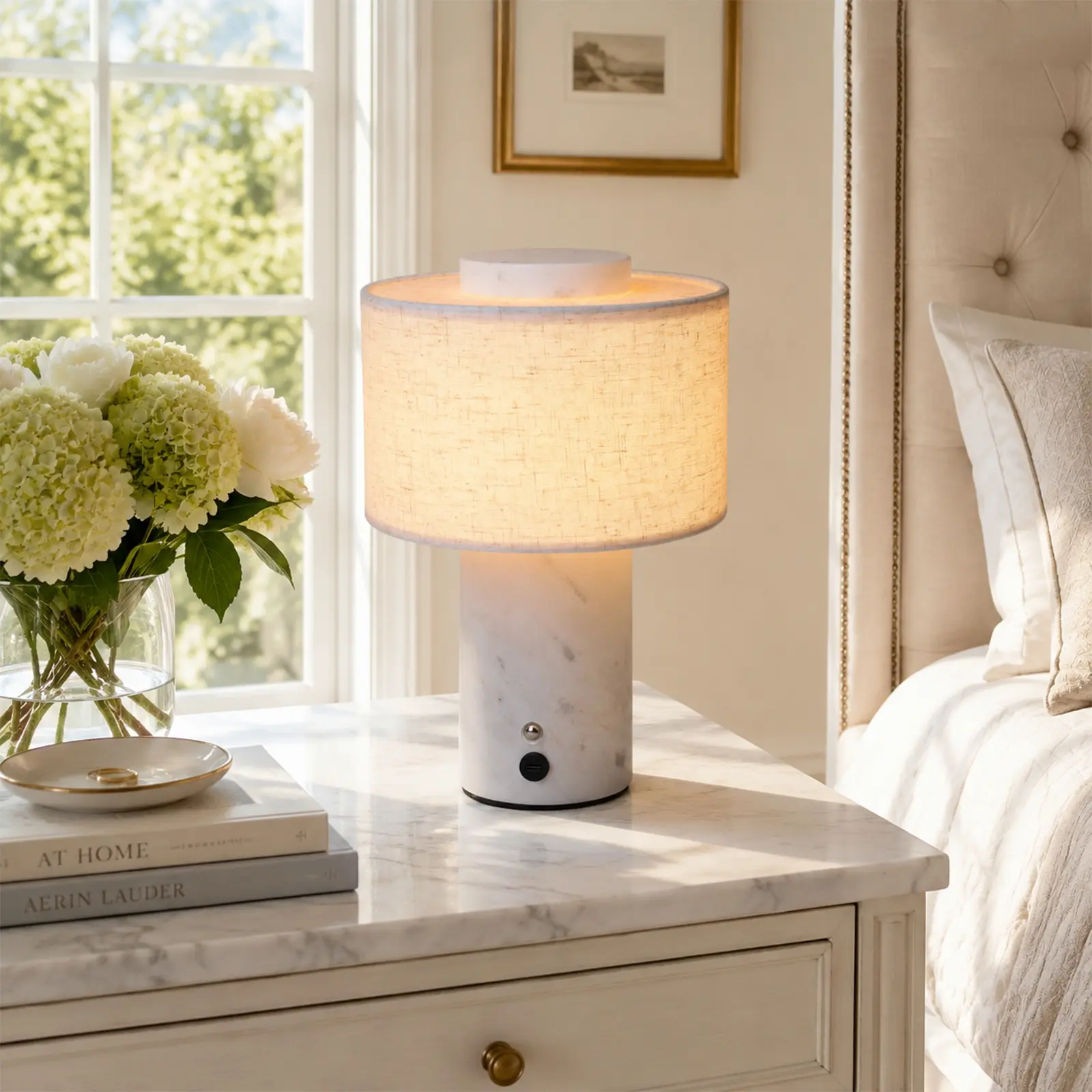 DEMILARE Modern Cordless LED Table Lamp - Natural Travertine Marble Base,Textured Fabric Shade, 4000mAh Rechargeable, 3-Color Stepless Dimmable Touch Control,Bedroom Lamp,Mood Lighting for Bedroom, Living Room, Bedroom Lamps,home makeover,back to school
