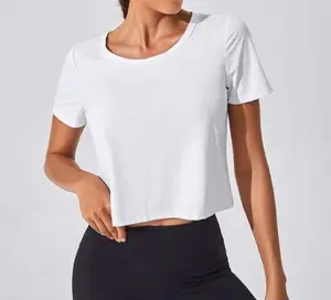 Breathable White Gym Crop Tee for Summer Sports & Outdoor Activities