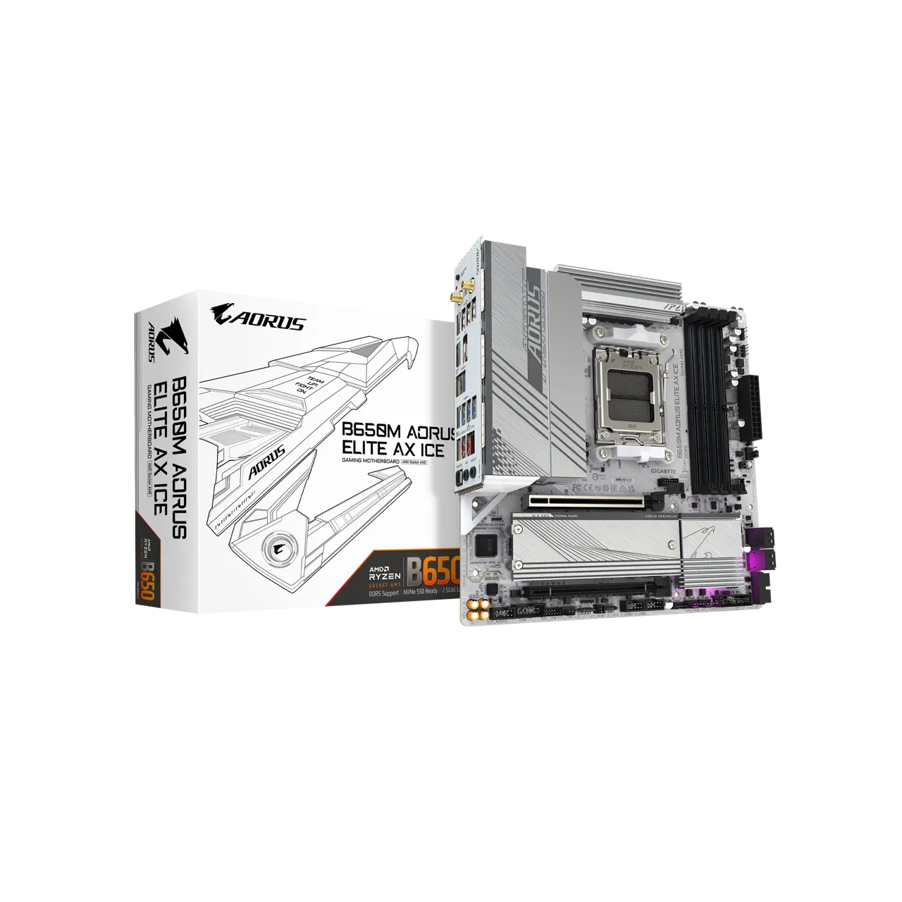 GIGABYTE B650M AORUS ELITE AX ICE AM5 LGA 1718 AMD B650 M-ATX Motherboard, DDR5, 2x M.2, PCIe 5.0, USB 3.2 Gen2X2 Type-C, 2.5GbE LAN, Q-Flash Plus, EZ-Latch