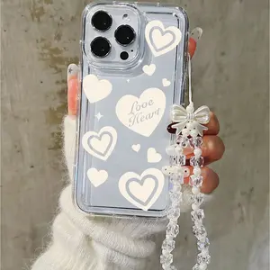 White Heart Love Cursive Phone Case with Bow Strap Shockproof Wear-resistant for iPhone11-17promax IPhone11/12/13/14/15/ Promax16/16Promax/16pro/16plus