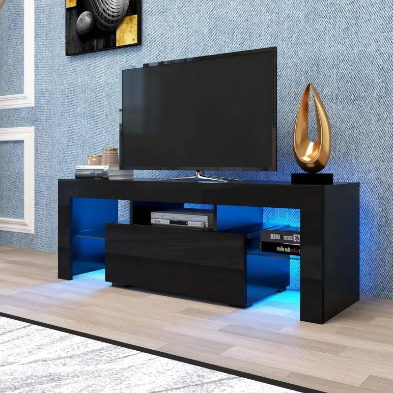 [Bellemave]LED TV Stand for Televisions up to 55 Inchs,Modern Entertainment Center with down filp door, Glass shelf and high glossy UV front face, TV