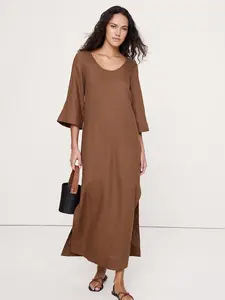Linen Scoop-Neck Maxi Dress Color Cinnamon Coffee Brown