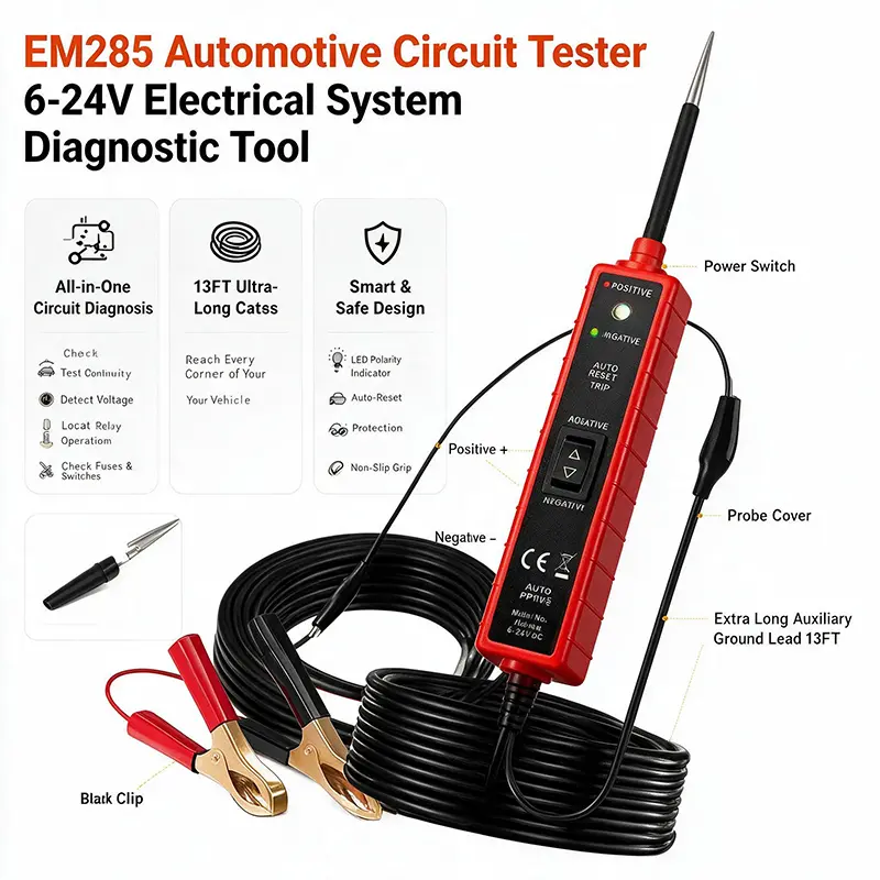 EM285 Multifunctional Automotive Power Circuit Probe Tester Tool, 6-24V Electrical System Voltage Probe for Car Repair & Inspection