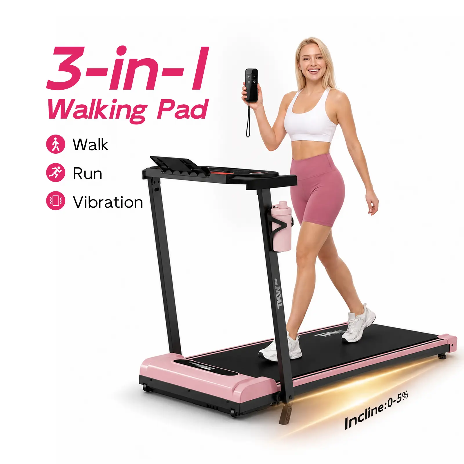 TKW 3-in-1 Vibration Walking pad，Adjustable Incline Treadmill,quiet treadmill，home relaxationwith  Remote Control & Wheels for Easy mobility, LED Display，gym machine，Space-Saving & Portable Design