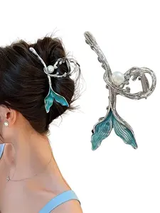 Women Summer Hair Clips, Large Silver Color Mermaid Tail Design, Pearls & Blue Tails, Perfect for Thin Hair, Stylish Hair Accessories