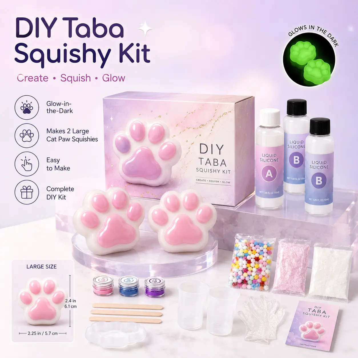 DIY Glow-in-the-Dark Big Cat Paw Squishy Toy Kit - Rubber Tree Craft Set with Slime Kits, Sensory Fidget Squishies for Stress Relief, Girl Toy for Kids’ Birthdays