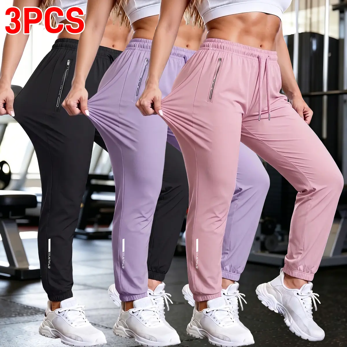 Women's 3-Pack Workout Pants, Summer Sport Casual Polyester Full-Length Women's Clothing with Drawstring Mid Waist, Zip Pockets, Rolled Hem for Gym, Beach, Pants For Women