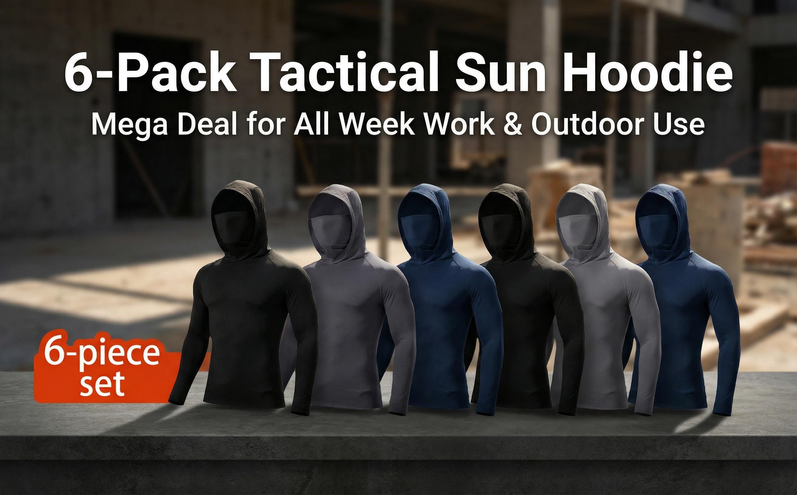 6-piece set men's outdoor work sun protection clothing with sun-blocking hoodie, featuring built-in face mask and neck guard, breathable long-sleeve hoodie