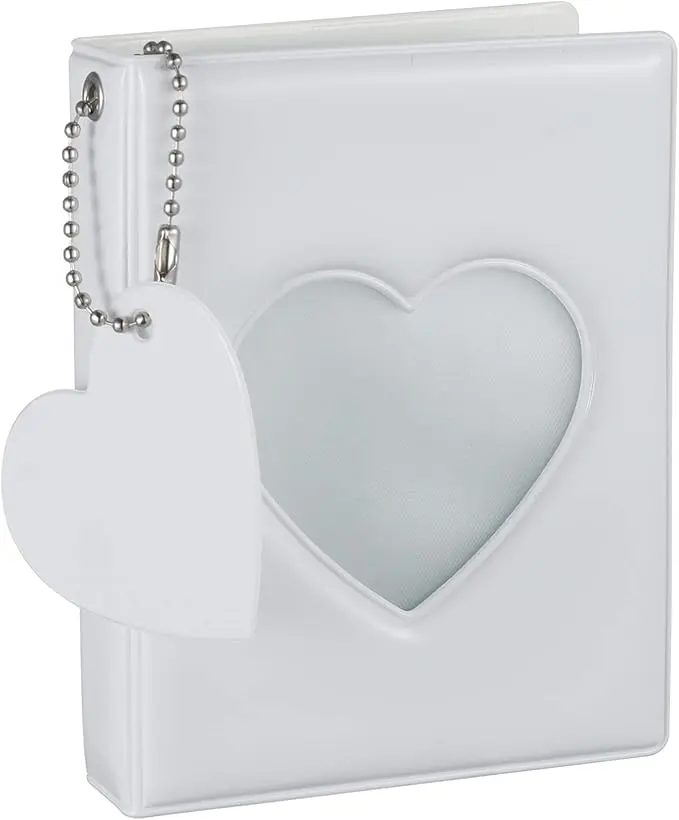 3 Inch Kpop Photocard Holder Book,Mini Photo Album Mirror-Like Photocard Binder,Small Photo Card Book Love Heart Hollow Photocard ID Holder with Love Heart Pendant 32 Pockets (White)