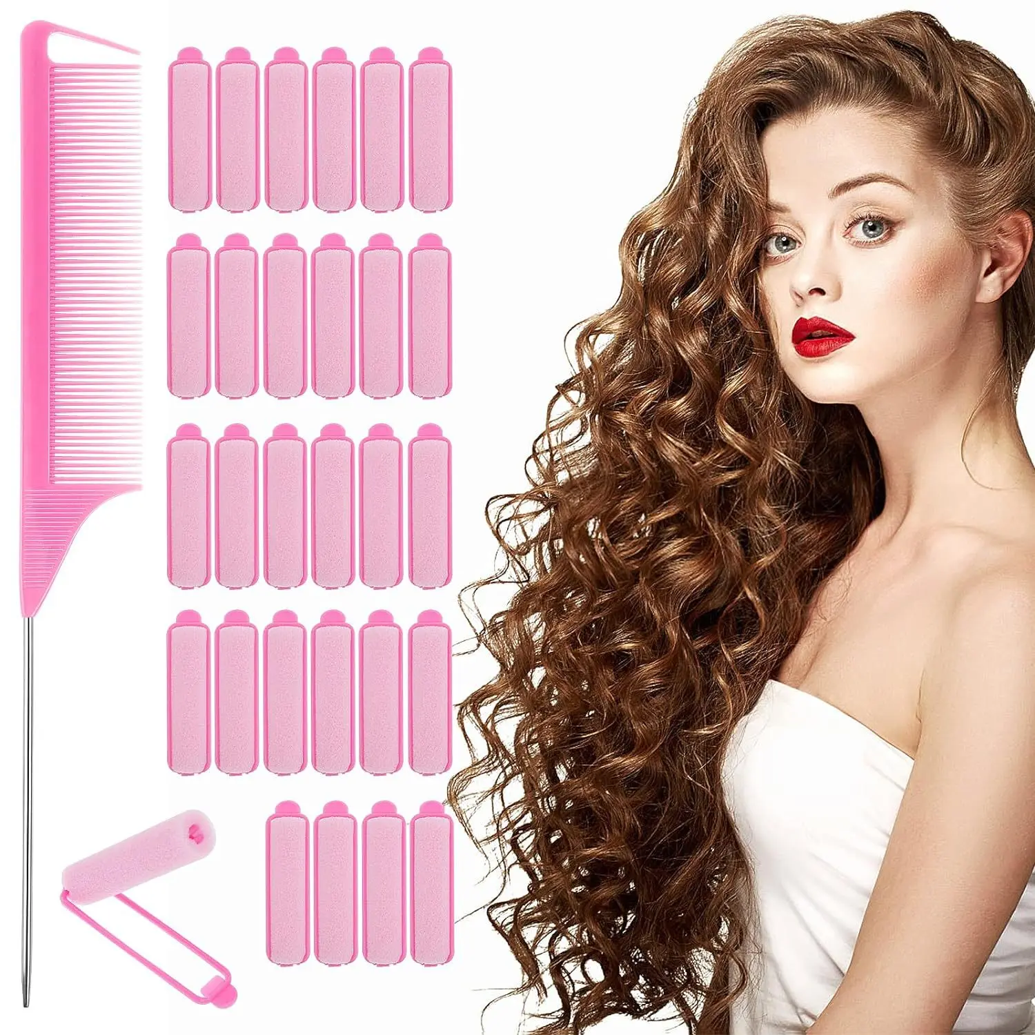 Foam Sponge Hair Rollers Women  Soft Sleeping Curlers Flexible Sponge Curler Tool and Rat Tail Comb for Hair Styling Hairdressing Overnight Curl Rods and Volume，Soft, Lightweight and does no harm to hair, Heatless Curling(Pink)