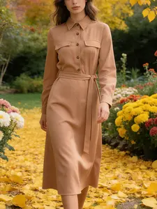 Chic Shirt Collar Windbreaker Dress, Long Sleeve Midi Design, Belted Waist Detail, Front Pocket, Spring & Fall Office Wear