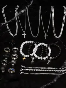 21-Piece Stainless Steel Jewelry Set for Men, Casual Punk Cross Pendant Necklace, Chain Bracelet, Ring Set, Perfect Gift for Dates