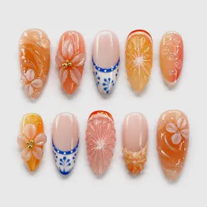 Orange Citrus Jelly Press On Nails ｜ 3D Translucent Flowers with Orange Slice and Blue Porcelain Art ｜ Long Almond Summer Fake Nail Set