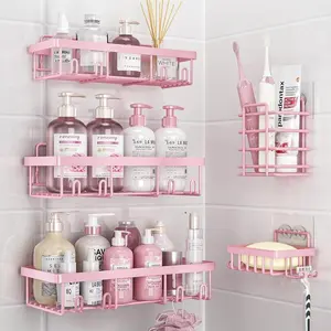 Caddy Set Pink Bathroom Accessories 5-Pack Stainless Steel Rust-Proof Waterproof Shower Rack No Drilling Required Stick-On Storage with Toothbrush Soap Holder Large Capacity Minimalist Design Hollow round Design Rustproof Black
