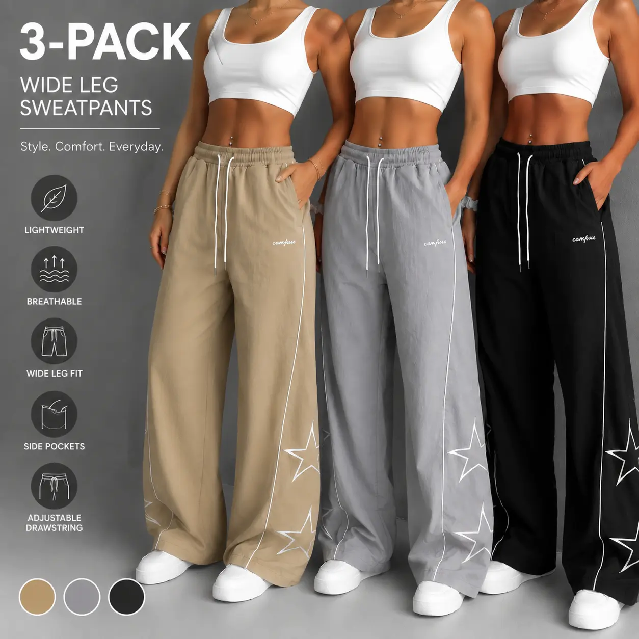 3-Pack Women’s Y2K Wide Leg Sweatpants – High-Waisted Baggy Track Pants with Side Star Design, Lightweight Athletic Lounge Joggers
