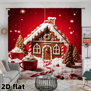 2D Flat 2Pcs Christmas Gingerbread House Pattern Curtains Sweet Candy Cane Design Rod Pocket Semi Sunshade Polyester Holiday Home Decor for Living Room Bedroom Kitchen Window Treatment Gift Anti Privacy Home Decoration Curtain