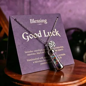 Women's Mystical Wish Bottle Necklace, Witchy Stainless Steel Jewelry with Colorful Crystal Pentagram Pendant Pagan Amulet, 20" Length Chain for Spiritual Protection, Unique Daily Wear Summer Accessory