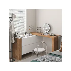 FUFU&GAGA 2 in 1 Vanity Desk, Shape Adjustable Vanity Table with L-Shaped Desk & Double Dresser, Versatile Makeup Vanity Table Computer Desk with 4 Drawers & Hidden Shelves for Bedroom Organize Wood