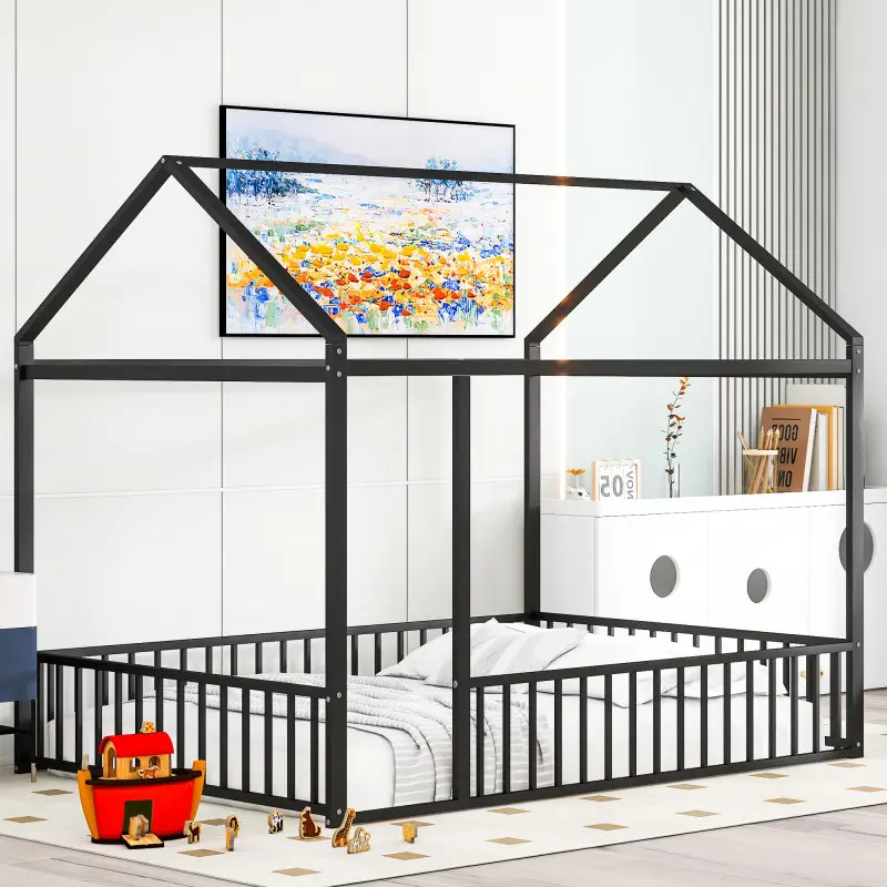 Bellemave Sturdy All-Metal Full-Size Modern Dual Function Kids’ Bed Frame with Fence, Playhouse Top, Black Bedroom Furniture, 77.5"x55.5"x66.9" Dimensioned Child-Size Indoor Sleep & Play Bed, Bedroom Decor, Child-Size Beds
