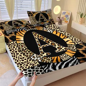 3Pcs Wild Animal Print Monogram A-Z Fitted Sheet Set, Bold Leopard & Tiger Bed Sheet Set, Soft Breathable, Deep Pocket Bedding Set with Pillowcases, For Teens Bedroom, Dorm, Apartment Decor