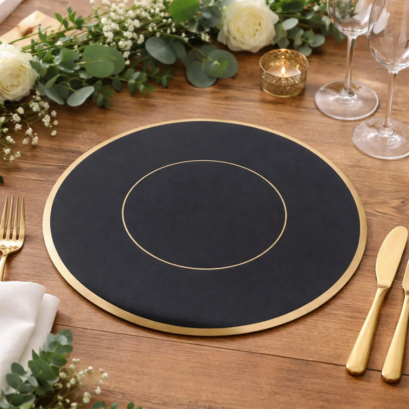 50-Pack Round Disposable Table Placemats, 13" Black with Gold Rim - 128 GSM Cardboard Charger Plates for Catering, Special Events - Kitchen Tableware