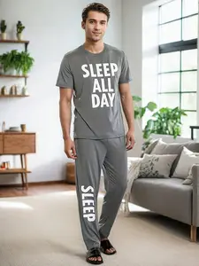 Men's Casual Fitted Pajama Set, Short Sleeve Round Neck Top, Soft Knit Fabric, All Seasons Comfort Fit, Polyester Elastane Blend, Loungewear