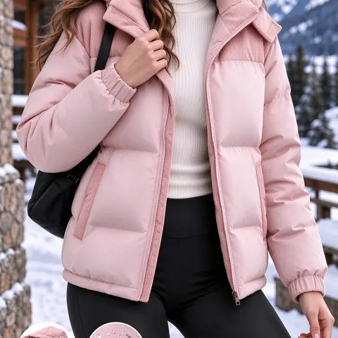 Women's Removable Hood Quilted Padded Lady Jacket - Water Repellent Corduroy Spliced Short Winter Hoodie, Warm Insulated Casual Tops for Women, Jackets for Ski & Daily Wear