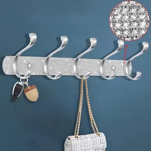 Coat Rack Mount with Shiny Silver Rhinestones 5 Hooks, Suitable for Double Wall, Key Hooks for Hat Towel Purse Robes - 1 Pcs Shelves