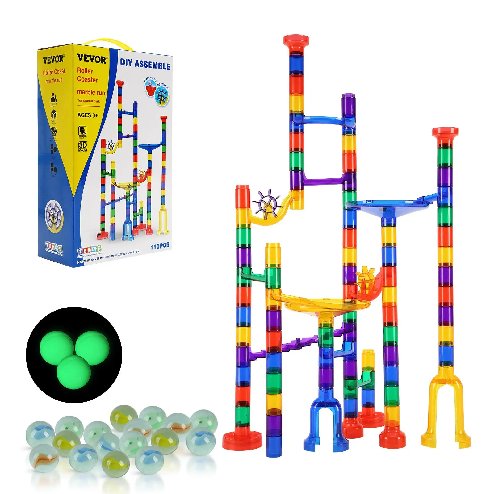 【summerfinds】VEVOR Marble Run Set, 110 Piece Marble Maze Building Block Brain Game, with 10 Glow in the Dark Marbles + 20 Glass Marbles, Educational Learning Race Track STEM Toys, for Kids, Boys, Girls Ages 3 +