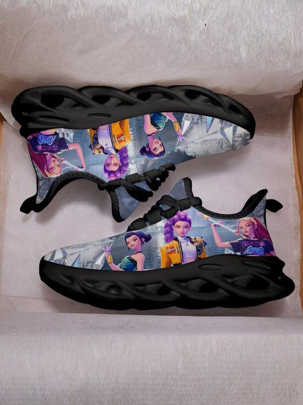 K-Pop Hunter Girl Pattern Kids Shoes, Breathable Mesh Lace-Up Low Top Eva Sole, Durable Fashion Casual Sporty Children Sneakers