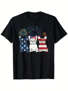 Women's Short-Sleeve Casual Comfortable Fit Streetwear 100% Cotton Round Neck T-Shirt - French Bulldog American Flag 4th Of July Design - Gift for Men Women (S-XXXL)