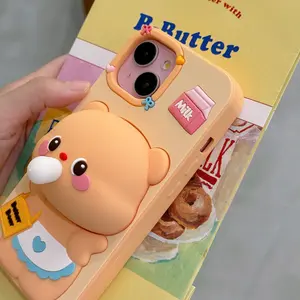 Cute cartoon butter bear bubble - blowing silicone phone case, suitable for iPhone 12, 13, 14, 15, 16 Pro/Pro Max/Plus. It can be given as a holiday gift to family, boyfriend, girlfriend, boys, girls, and adults. It provides a comfortable grip, has a drop
