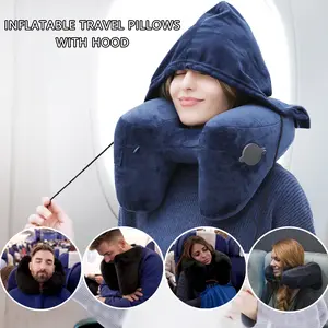 1set Inflatable Travel Pillows for Airplanes, Travel Neck Pillow with Hood, Neck Pillow for Sleeping Travel, Best Travel Pillows for Long Flights, Inflatable Neck Pillow, Detachable and Foldable