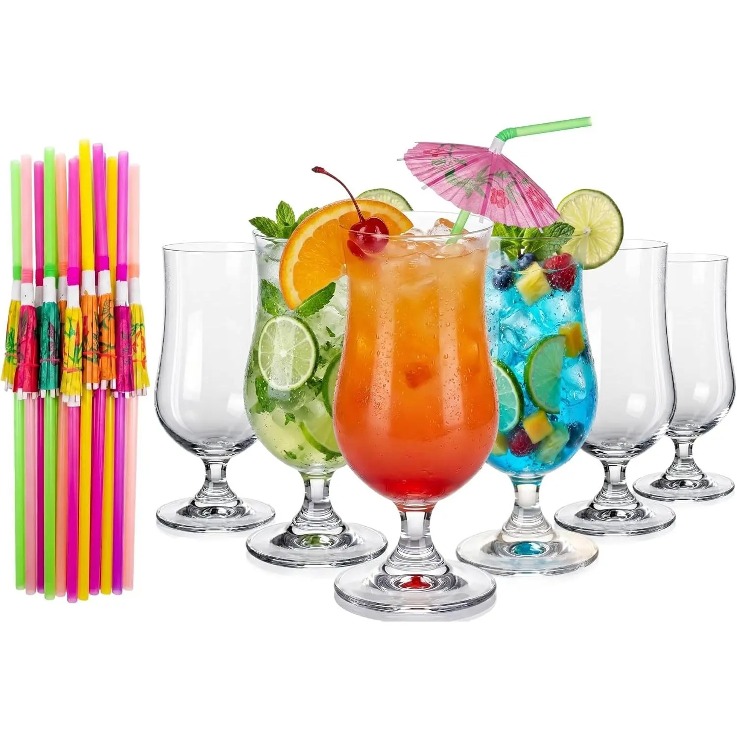 Hurricane Glass Set of 6 with Umbrella Drink Straws 10pcs-Pina Colada Cocktail Glasses for Milkshake,Tall Cocktail Glasses, Mojito, Margarita, Sangria Tulip Drinking Cups