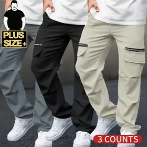 [Plus Size] Men's Cargo Pants 3-Pack - Beige, Black & Dark Grey Multi-Pocket Work Trousers with Zippered Pockets, Loose Fit Casual Pants for Big & Tall Men (2XL-6XL)