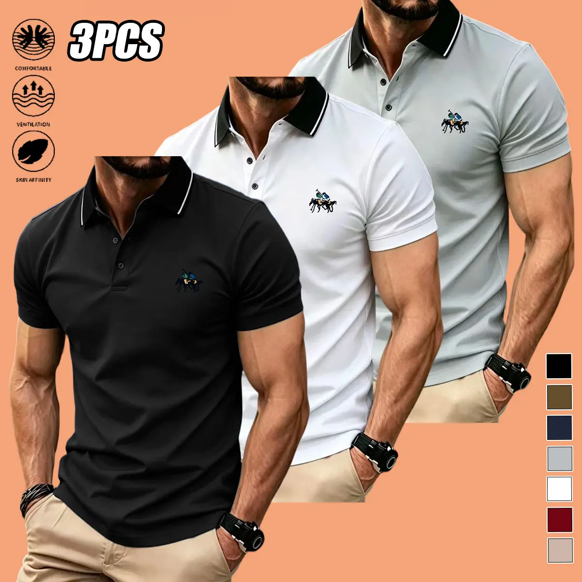 3-pack men’s casual golf shirts – summer short sleeves, business-casual outdoor activity polo shirts with comfort stretch; suitable for golf and tennis, ideal for men’s everyday styling at home or in the office, and for casual workouts with a forward-thin