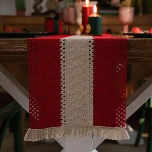 Geometric Patterned Table Runner with Tassels ,Rustic Table Runners 70 Inches Long for Dresser  Dining Table Decor (Cream & Red Stripes, Table Runner, 12x70)