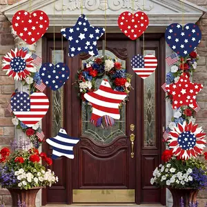 RattanView 12 Pcs Large Outdoor Memorial Day Hanging Decor Patriotic 4th of July Tree Ornaments 12'' and 10'' Red White and Blue Plastic Tags with String Lawn Yard Garden for 250th Anniversary Decor