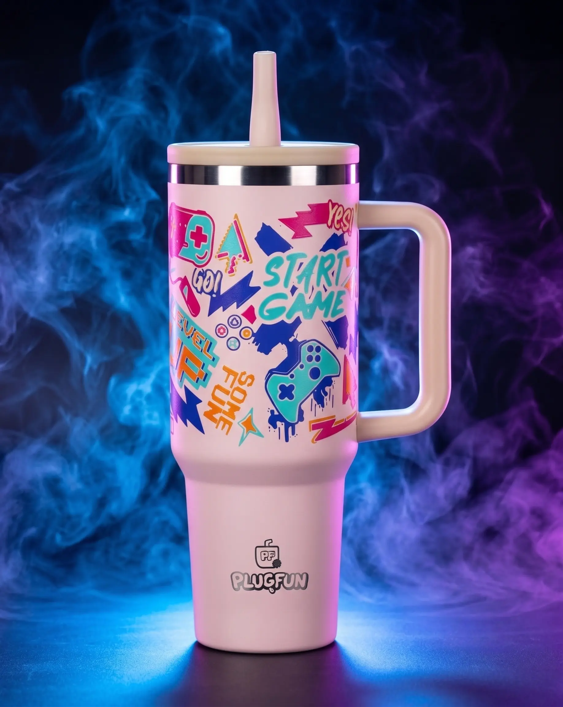 PLUGFUN 40oz Stainless Steel Glow in the Dark Tumbler with Handle and Straw, Double Wall Vacuum Insulated Travel Cup, Leakproof Reusable Water Bottle, Keeps Drinks Cold All Day, Fits Car Cup Holders, Ideal for Daily Use, Unique Gift for Family and Friends