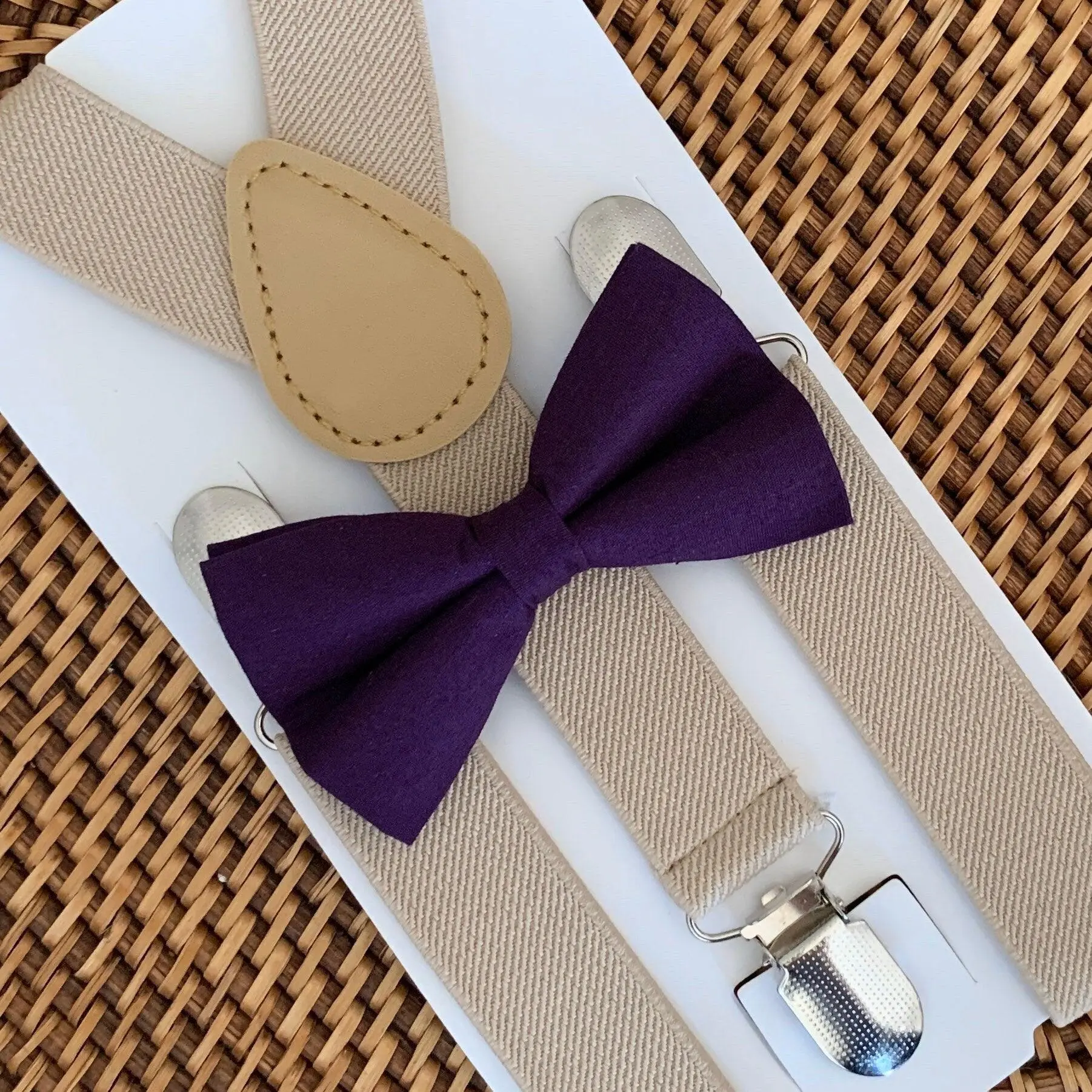 Purple Bow Tie & Tan Suspenders Set