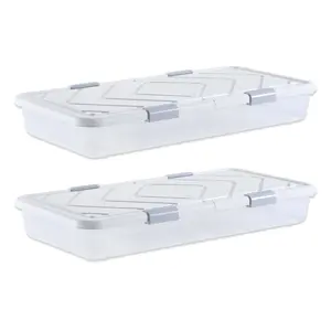 【DealsForYouDays】VEVOR 2-Pack Rectangle Plastic Under Bed Storage Boxes with Wheels, 39.8x20.1x5.9in Household Organizers with Lid & Gray Metal Latch, Rolling Bins for Clothes, Shoes, Blankets