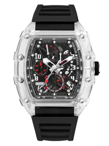 Transparent Hollow-Out Men's Watch, Square Frame, Analog Barrel Face, Comfortable Fit, Street Style, Mechanical Aesthetic, All Seasons, Quartz Watch