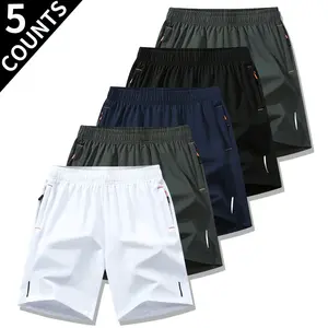 Men’s casual minimalist comfort shorts, 5-pack, shorts for summer,featuring reflective stripe print, pockets, and a drawstring; quick-drying and comfortable; casual zippered pockets; suitable for summer gym workouts and training.