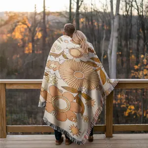 Multi Purpose Yarn Woven Outdoor Camping Blanket with Fringe - Sunflower Pattern, Thick Breathable, Colorfast, Use for Garden, Hiking,Travel, Lawns, or Concerts. As Home Decor, Use for Throw Blanket, Sofa Towel, Tablecloth, Tapestry, Office Nap